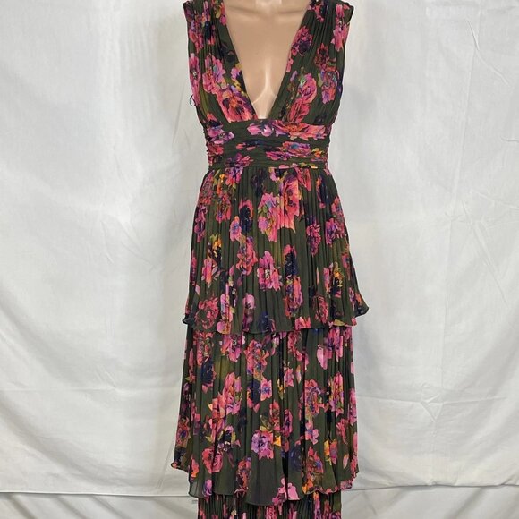 AMUR Women’s Fluer Deep V Pleated Gown – Earthy Multi – Size 2 - Picture 1 of 8